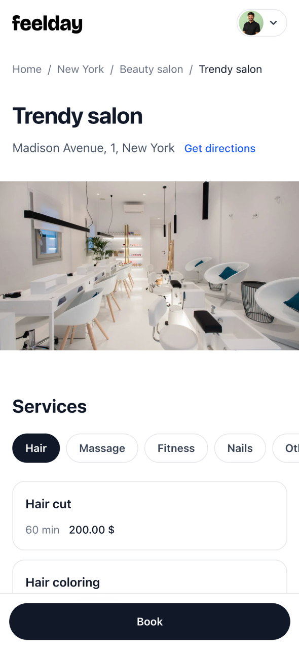 Feelday booking page on a phone
